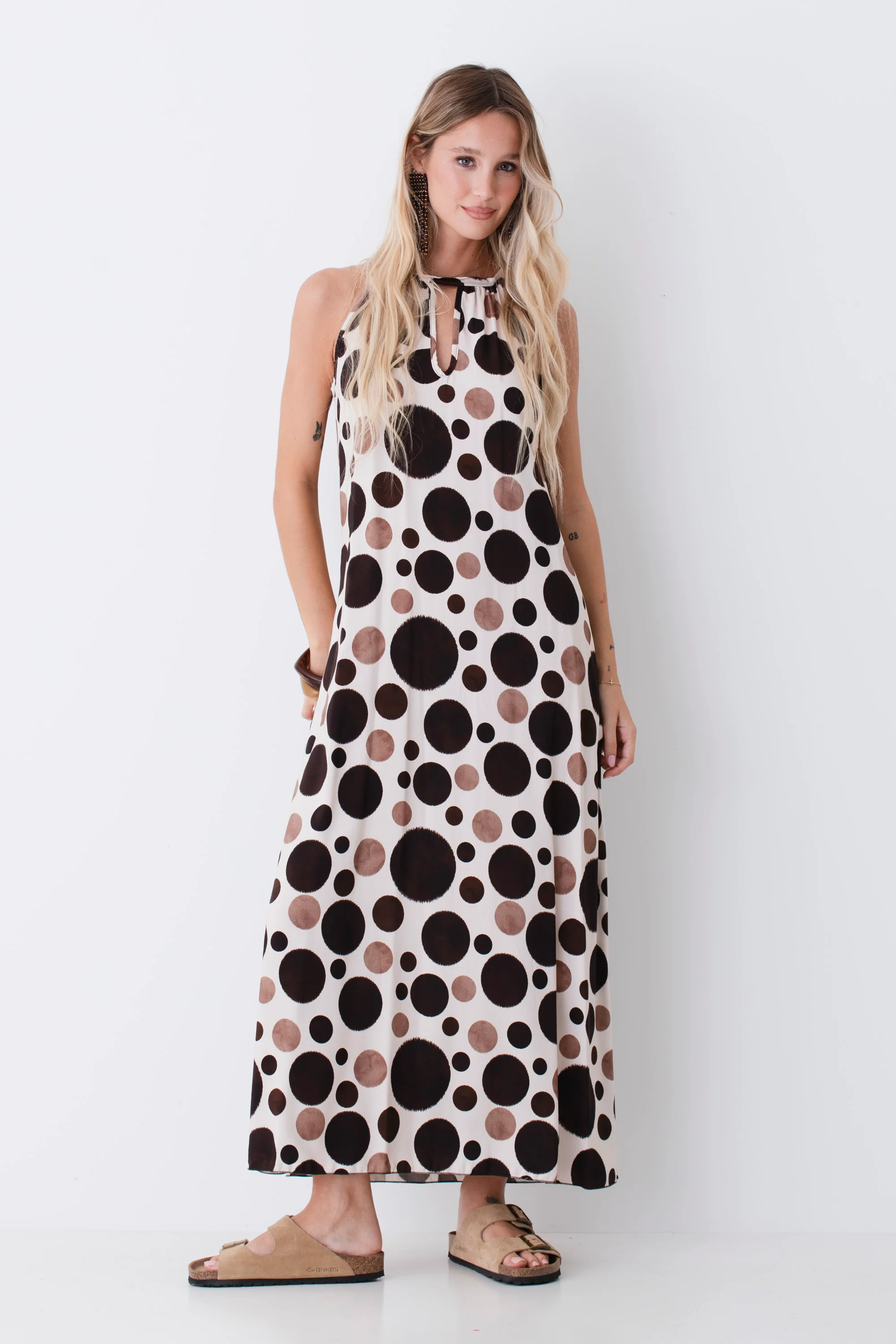Abito lungo halterneck in viscosa fantasia maxi pois - PE26