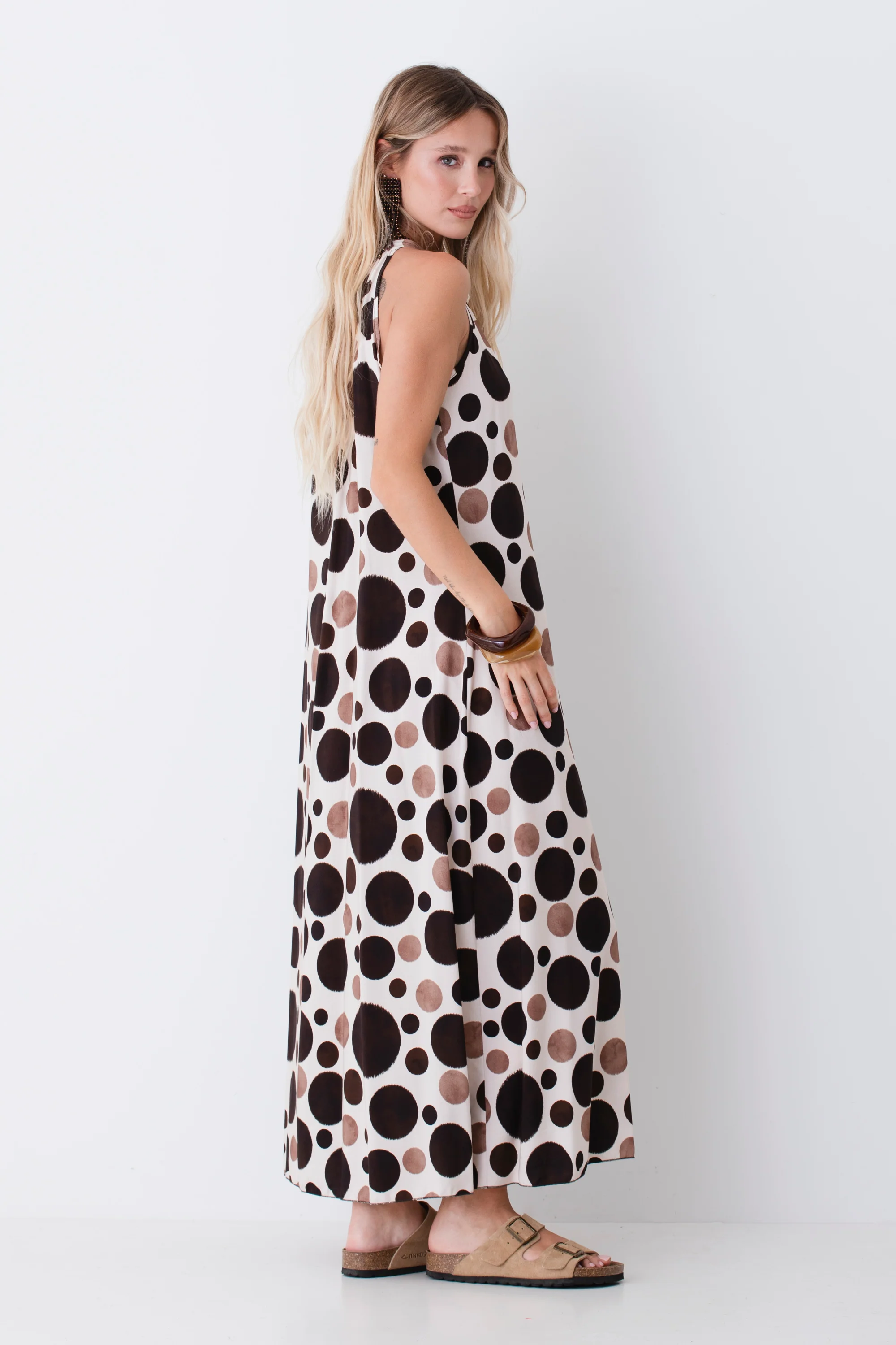 Abito lungo halterneck in viscosa fantasia maxi pois - PE26 - Image 3