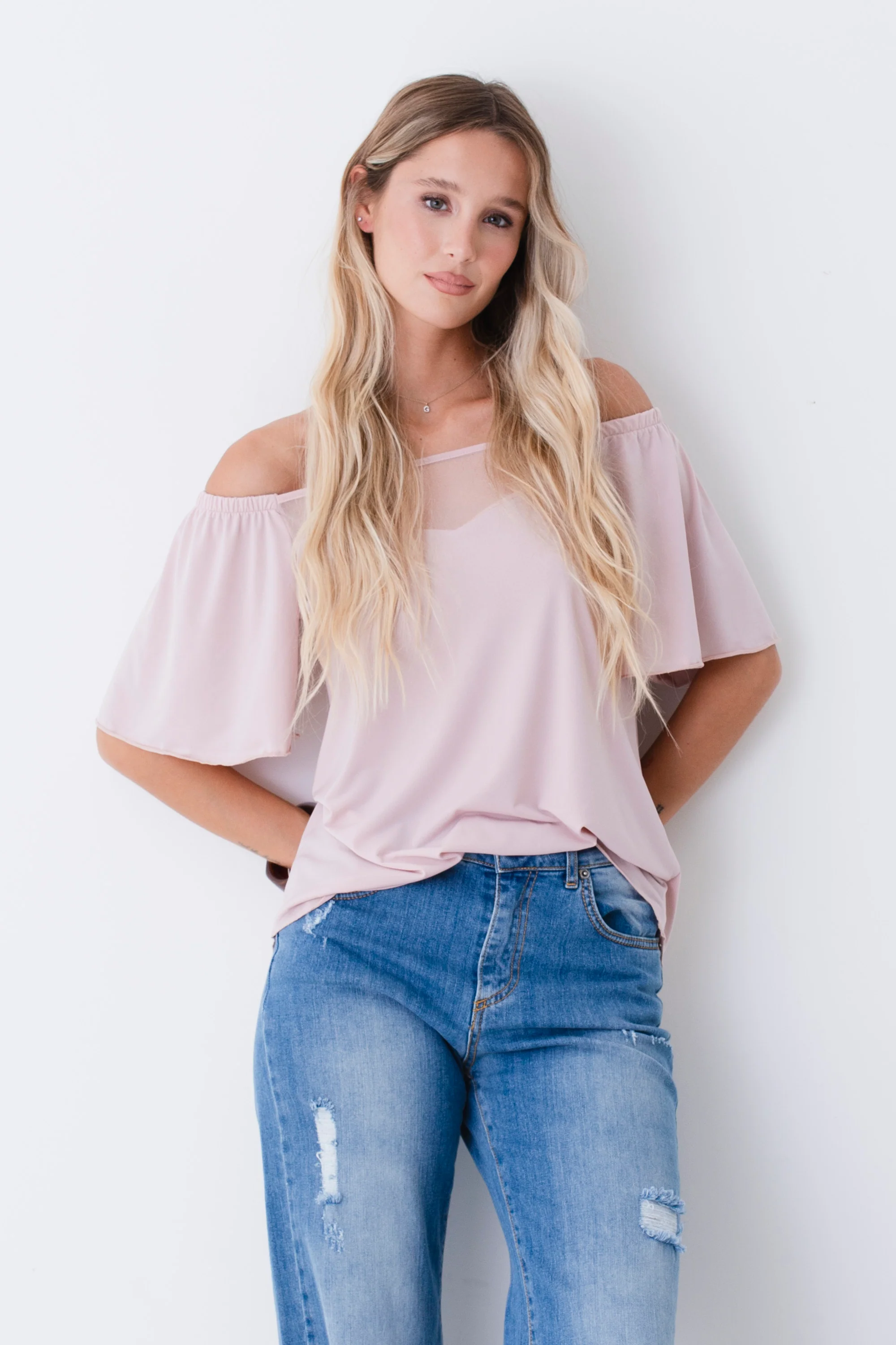 Blusa in jersey elasticizzato con inserto in tulle - PE26