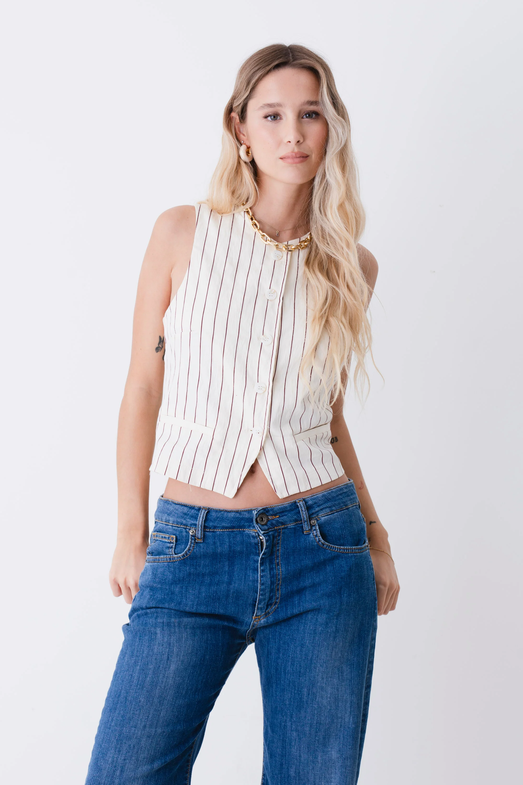 Gilet ad un petto in cotone gessato - PE26 - Image 2