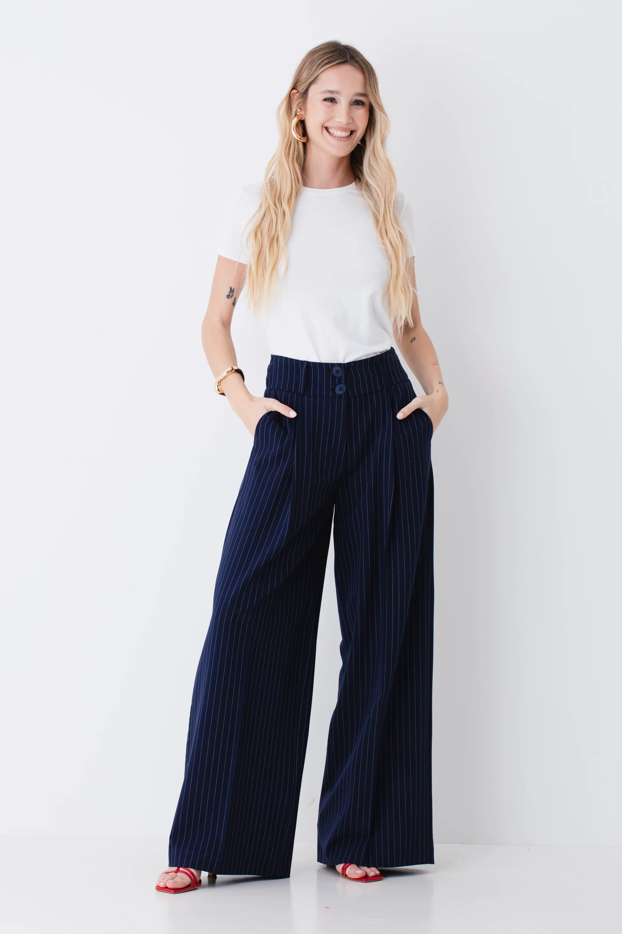 Pantalone ampio palazzo a vita alta in tessuto tecnico gessato - PE26 - Image 3