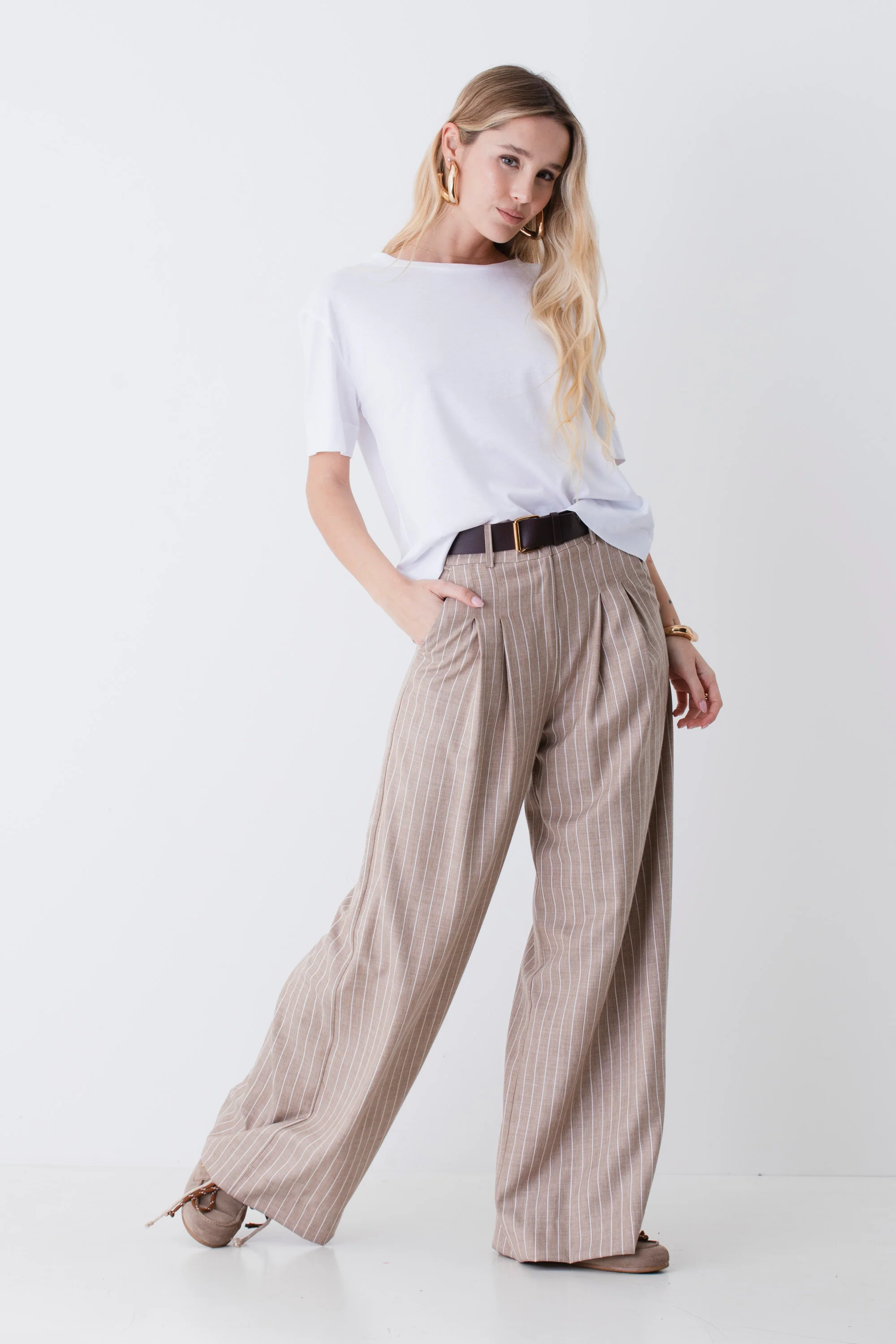 Pantalone palazzo con cintura in tessuto gessato - PE26 - Image 3