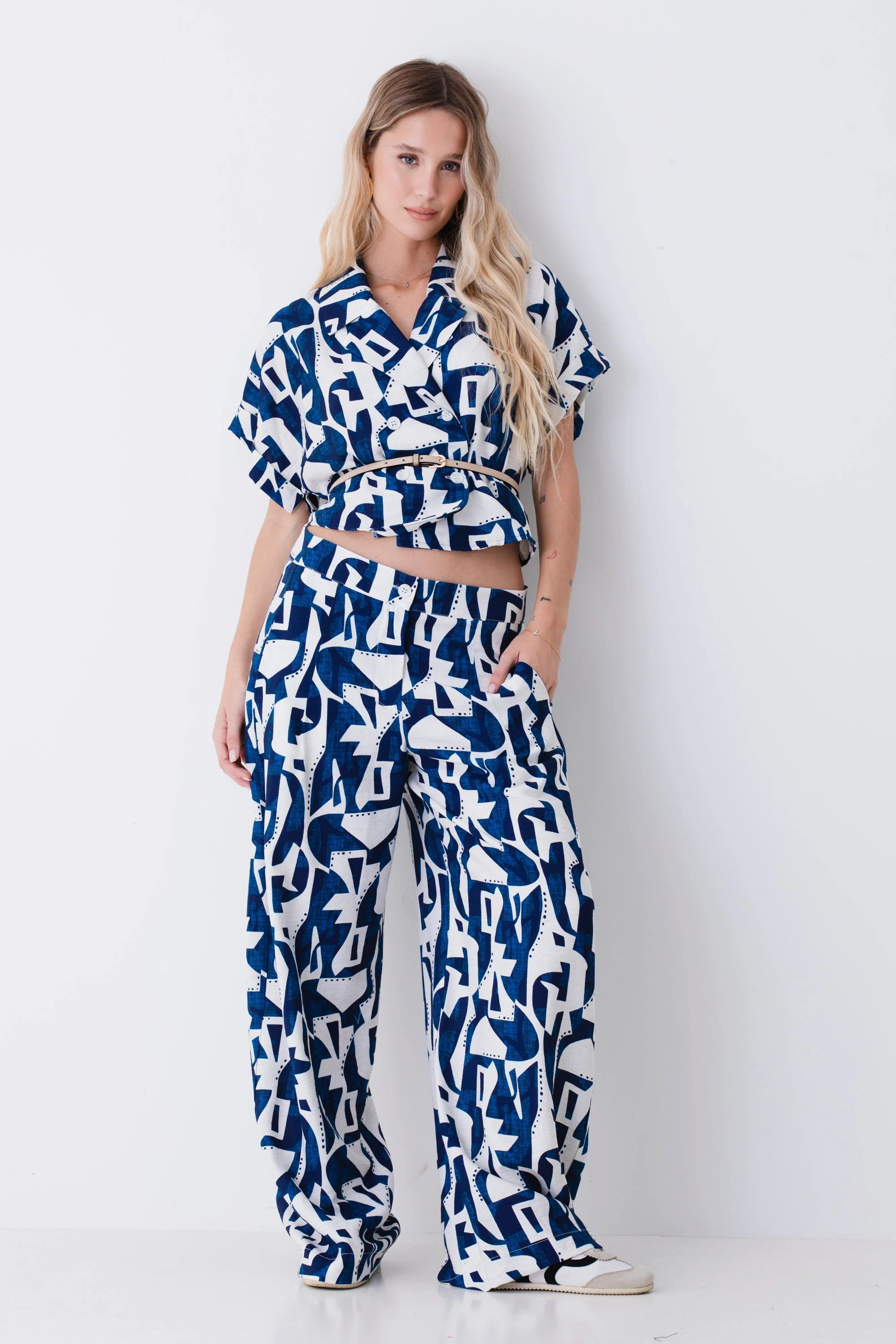Pantalone palazzo in misto lino fantasia geometrica - PE26
