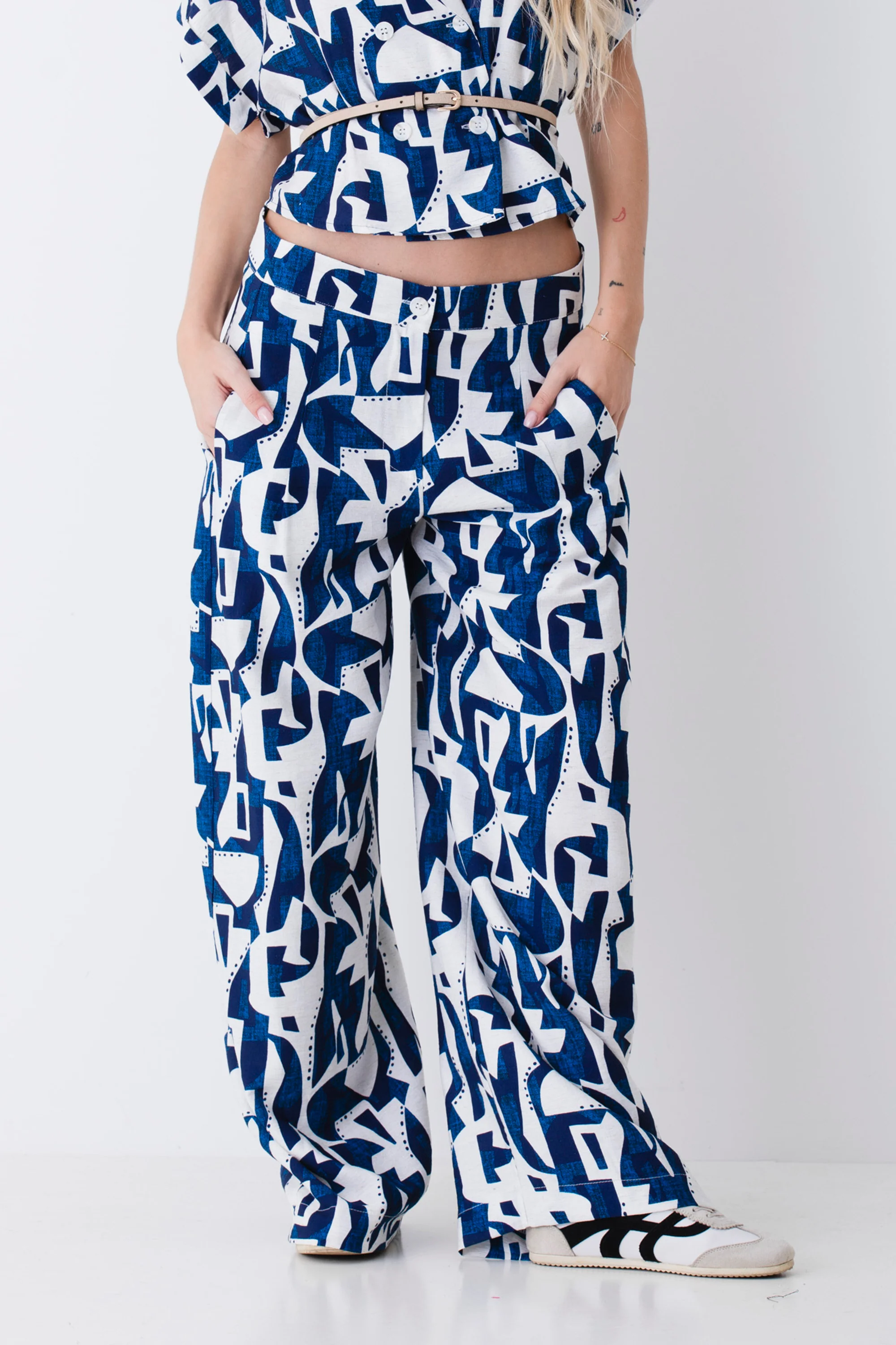 Pantalone palazzo in misto lino fantasia geometrica - PE26 - Image 2