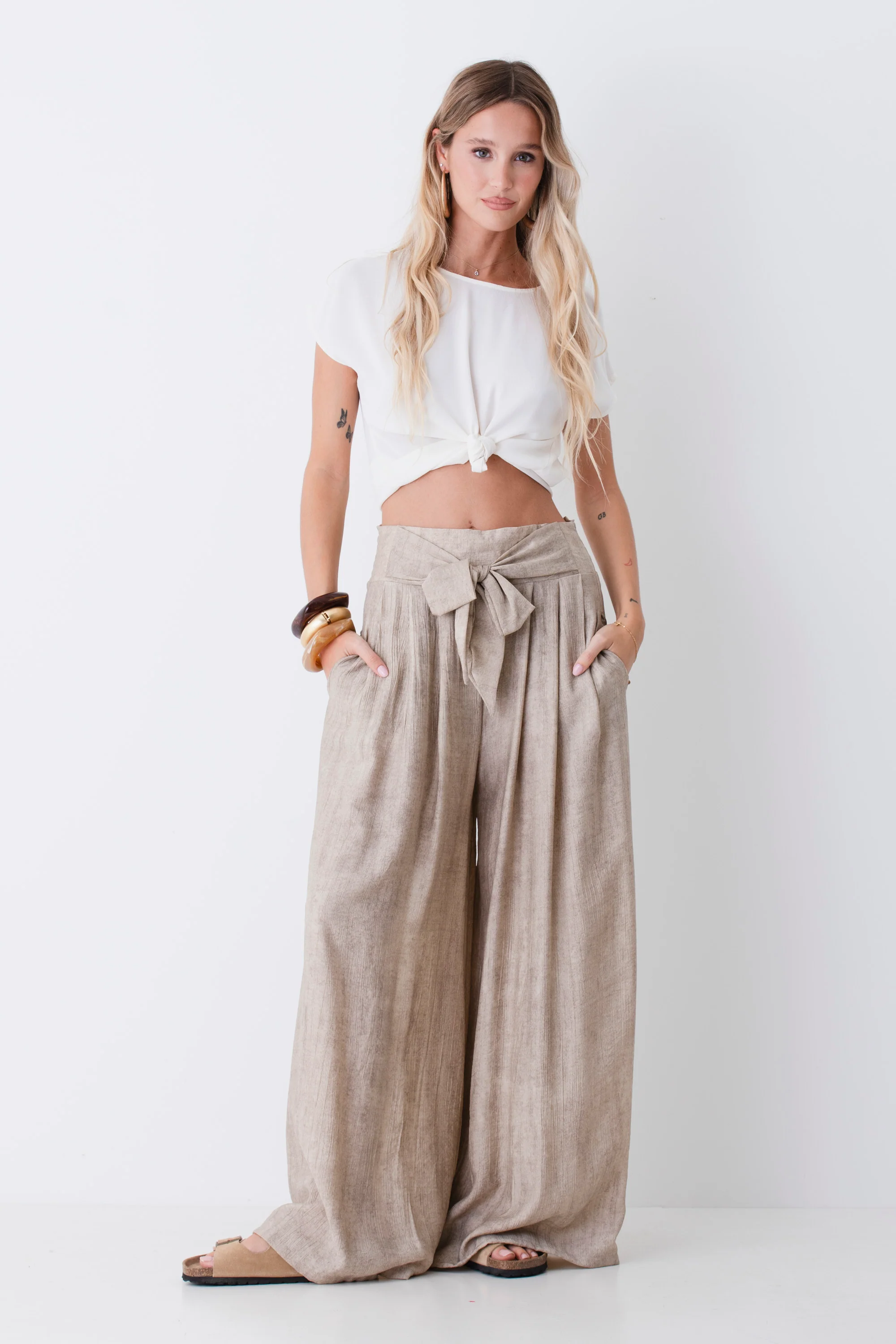 Pantalone palazzo in misto viscosa con fiocco - PE26