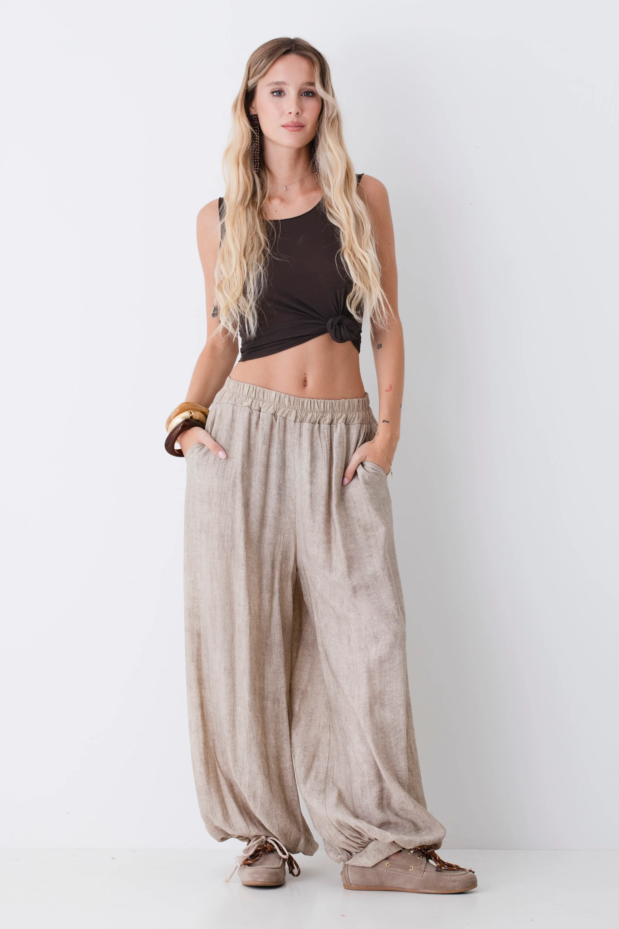Pantaloni da gaucho vita elasticizzata in misto viscosa - PE26